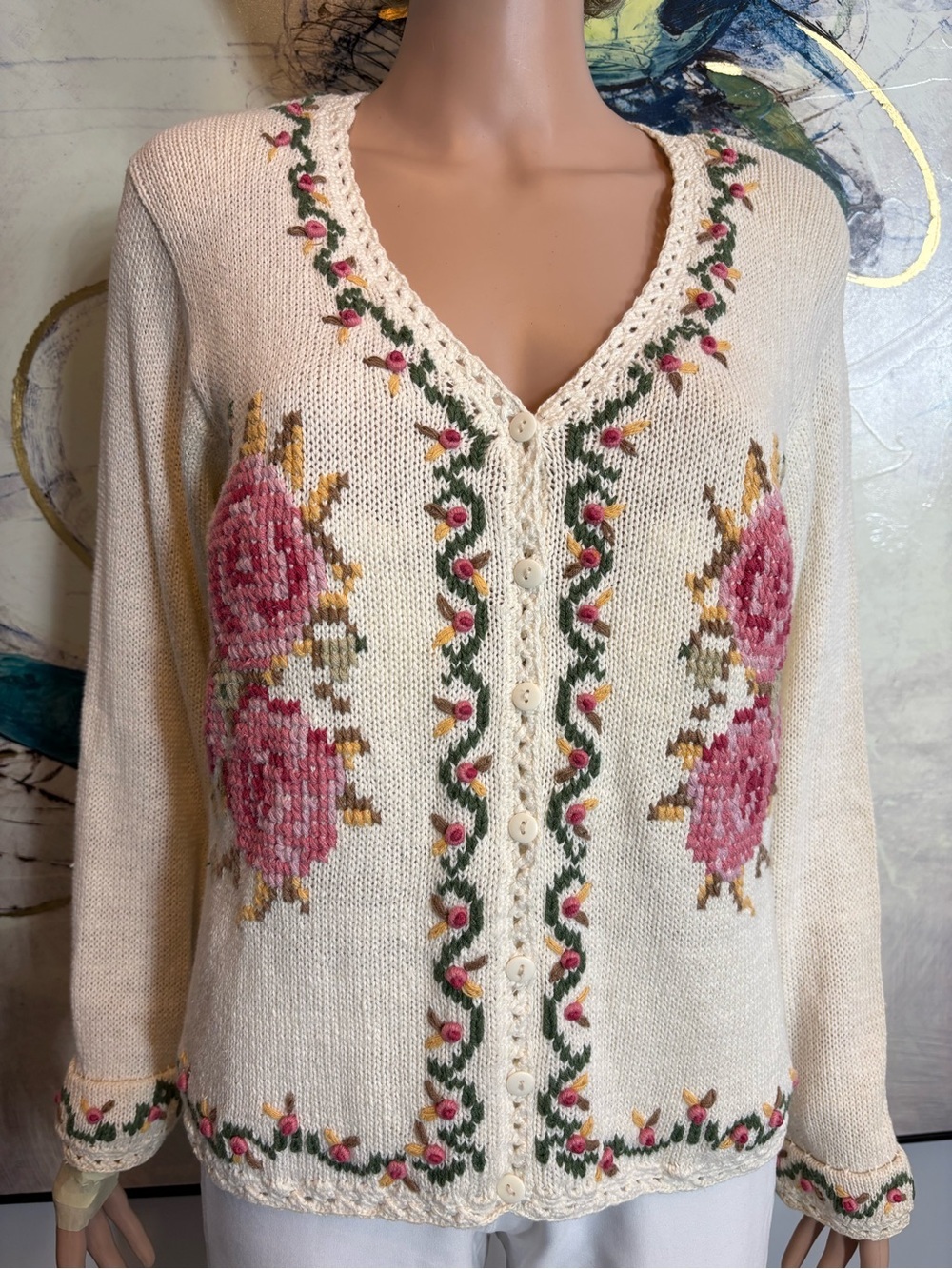 Cream Floral V-Neck Sweater with Pink Rose Embroidery - Picture 3 of 13